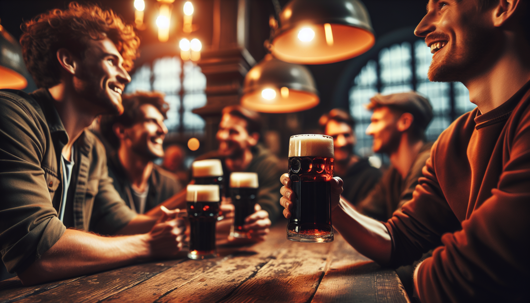 Historical illustration of people enjoying dark lagers in a traditional beer hall