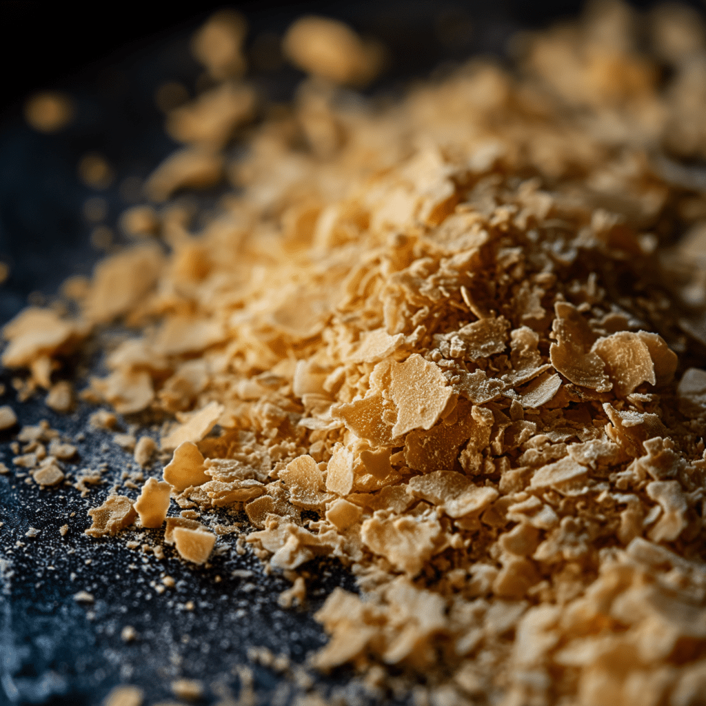 A close-up image of nutrient yeast flakes, a popular ingredient in vegan and vegetarian diets.