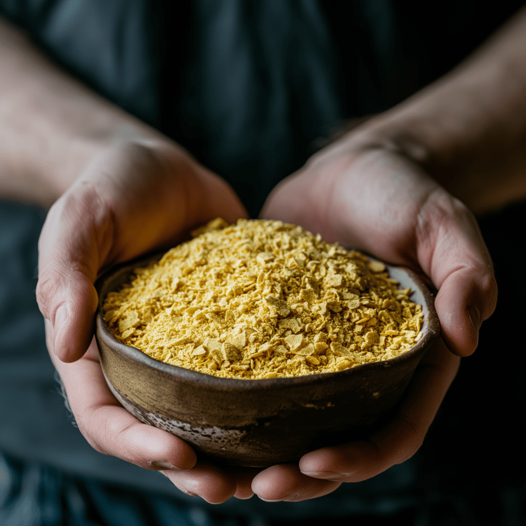 A person holding a bowl of nutritional yeast flakes