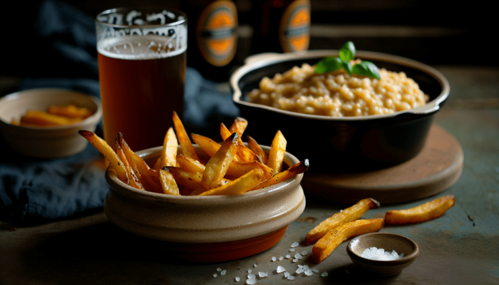 Beer-enhanced side dishes such as beer-soaked oven fries and malted barley risotto
