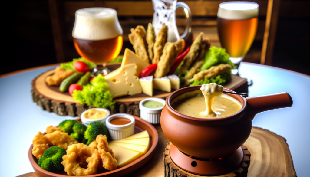Beer-infused appetizers including beer cheese fondue and beer-battered vegetable tempura