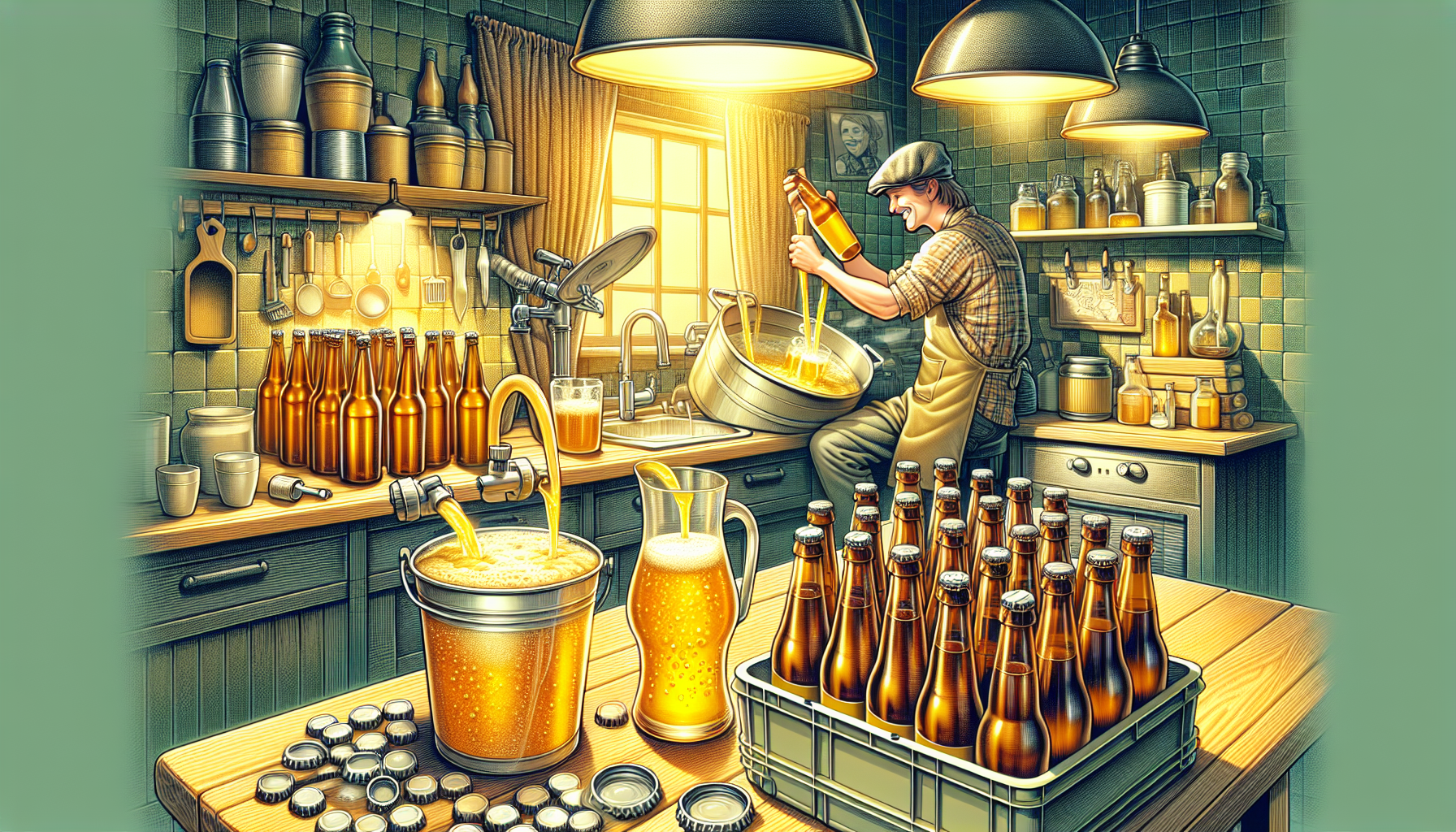 Illustration of the bottling and packaging process for home brewed beer.