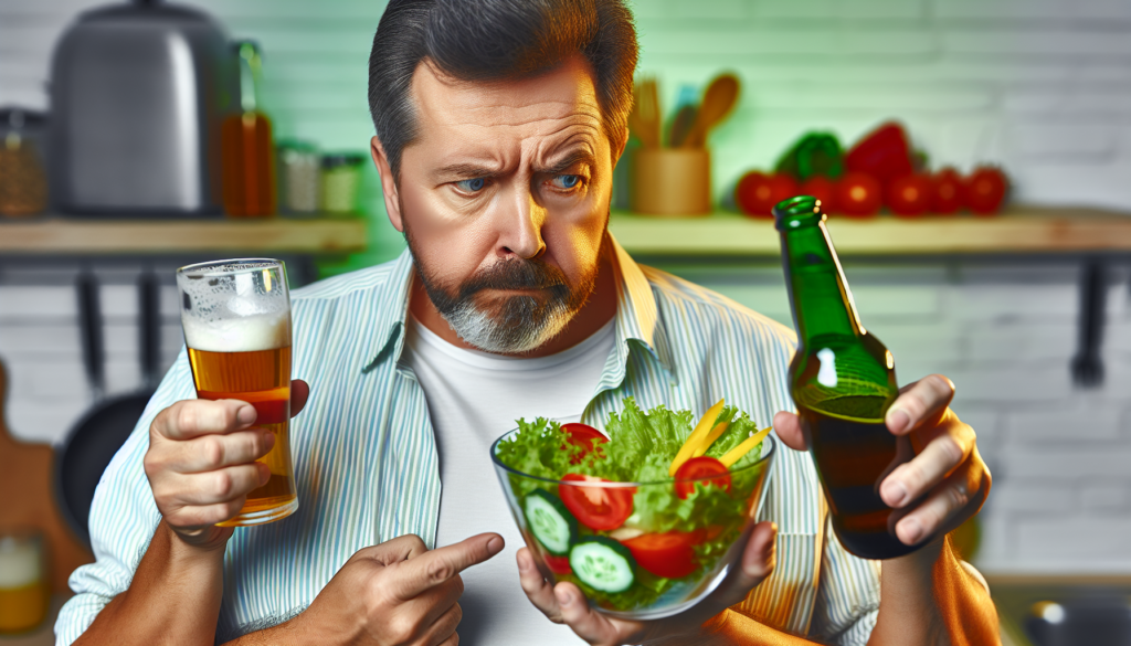 Photo of a person making a healthy food choice while holding a beer