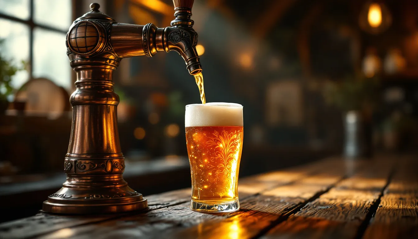 Beer being poured into a glass, showcasing its color and foam.