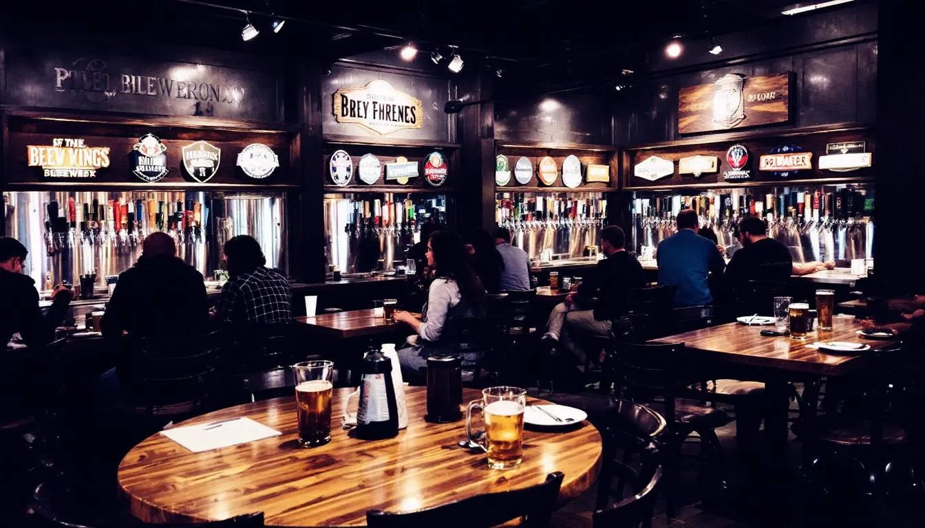The image depicts a cozy brewery taproom featuring wooden tables and an array of beer taps along the wall, inviting patrons to sample a variety of craft beers. The warm ambiance reflects a commitment to quality and sustainability, making it an ideal spot for enjoying a refreshing ale or lager in a natural setting.
