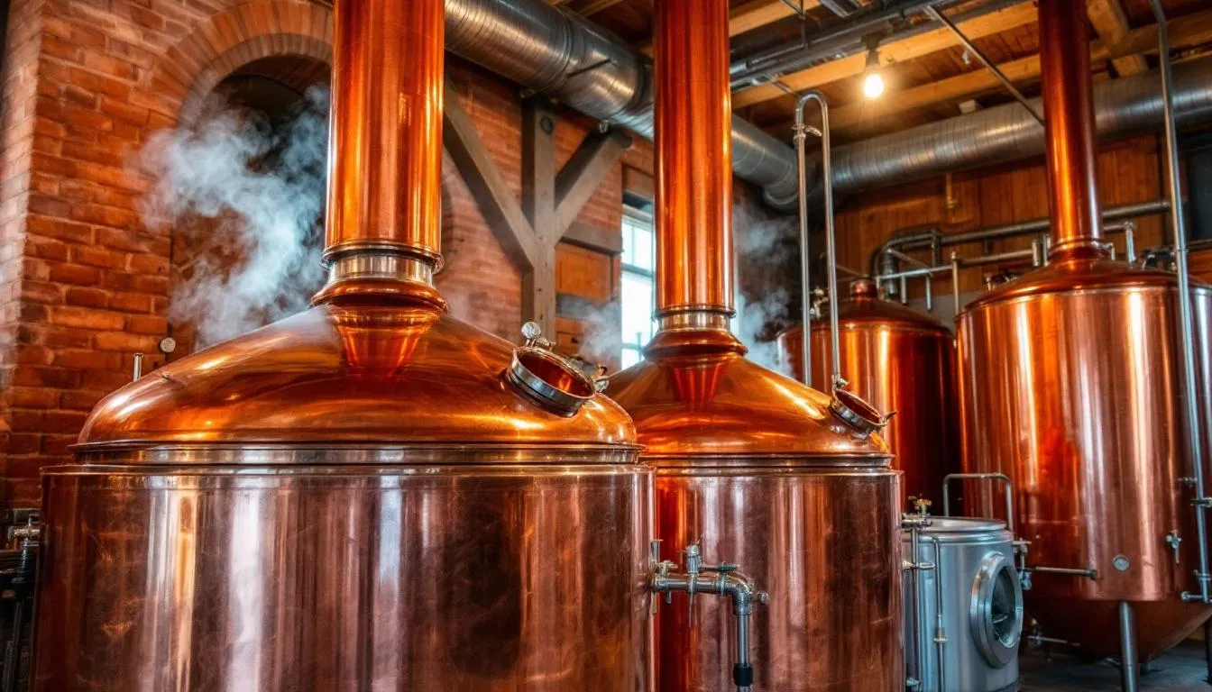 The image showcases a traditional brewery featuring gleaming copper brewing kettles and large fermentation tanks, essential for the beer production process. The scene highlights the craftsmanship involved in making various styles of beer, including pale ale and stout, emphasizing the importance of malted barley and hops in brewing.