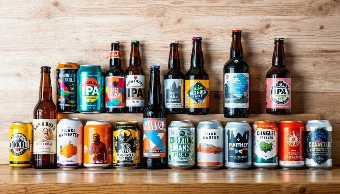 An array of colorful IPA bottles and cans from various craft brewers showcases the diversity of india pale ale styles, including West Coast IPAs and New England IPAs. Each container features unique branding and labels, reflecting the bold flavors and hoppy aromas characteristic of this popular craft beer.