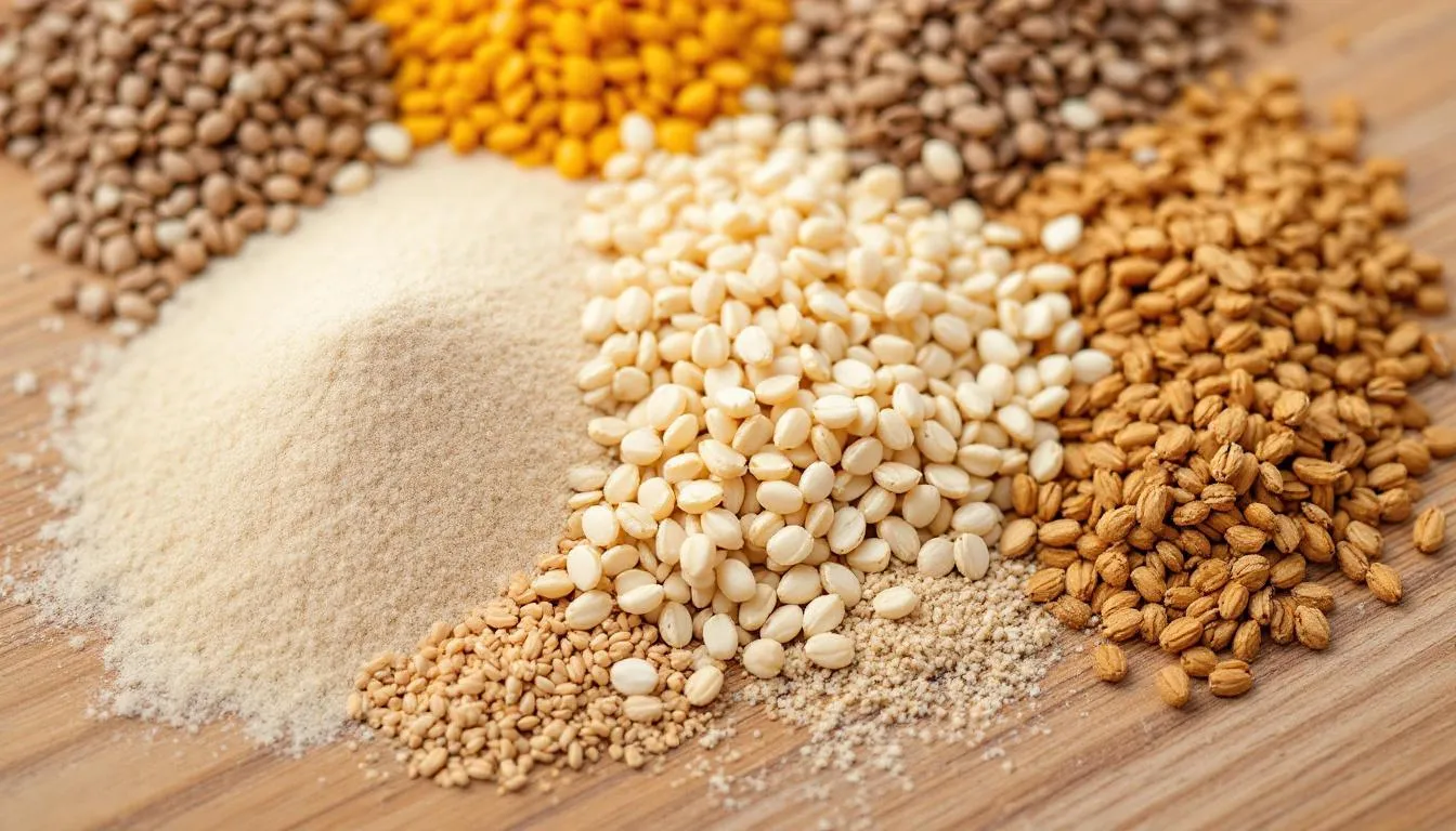 A close-up view showcases a variety of brewing grains, including pilsner malt, wheat, and specialty malts, arranged on a rustic wooden surface. These grains are essential for crafting saison beers, known for their expressive yeast character and refreshing malt flavors.
