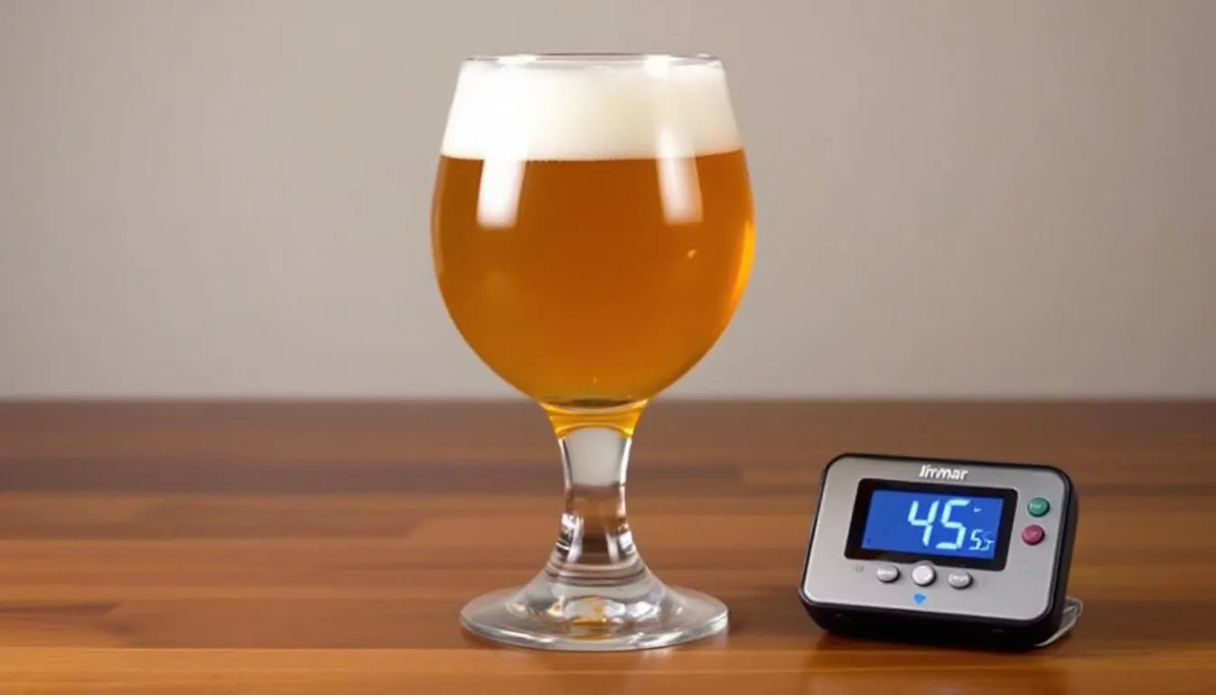 The image depicts a proper IPA serving setup, featuring a tulip glass filled with a hazy amber india pale ale, showcasing the optimal pour technique. A temperature thermometer is placed beside the glass, emphasizing the importance of serving craft beer at the right temperature for the best flavor profile.