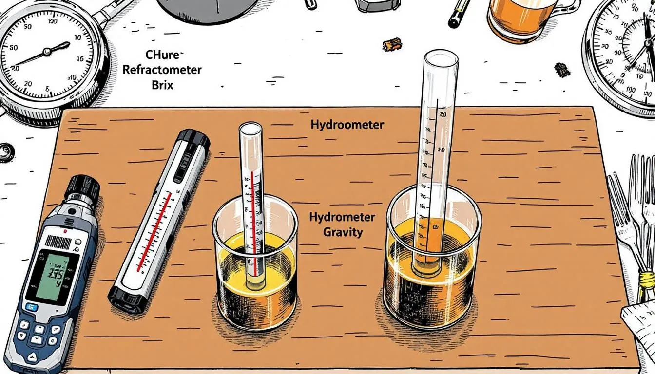 The image depicts a side-by-side comparison of various brewing measurement tools, including a refractometer and a hydrometer, used to measure sugar content and gravity in liquids. These tools help brewers calculate brix and determine the starting and final alcohol by volume (ABV) through their readings.