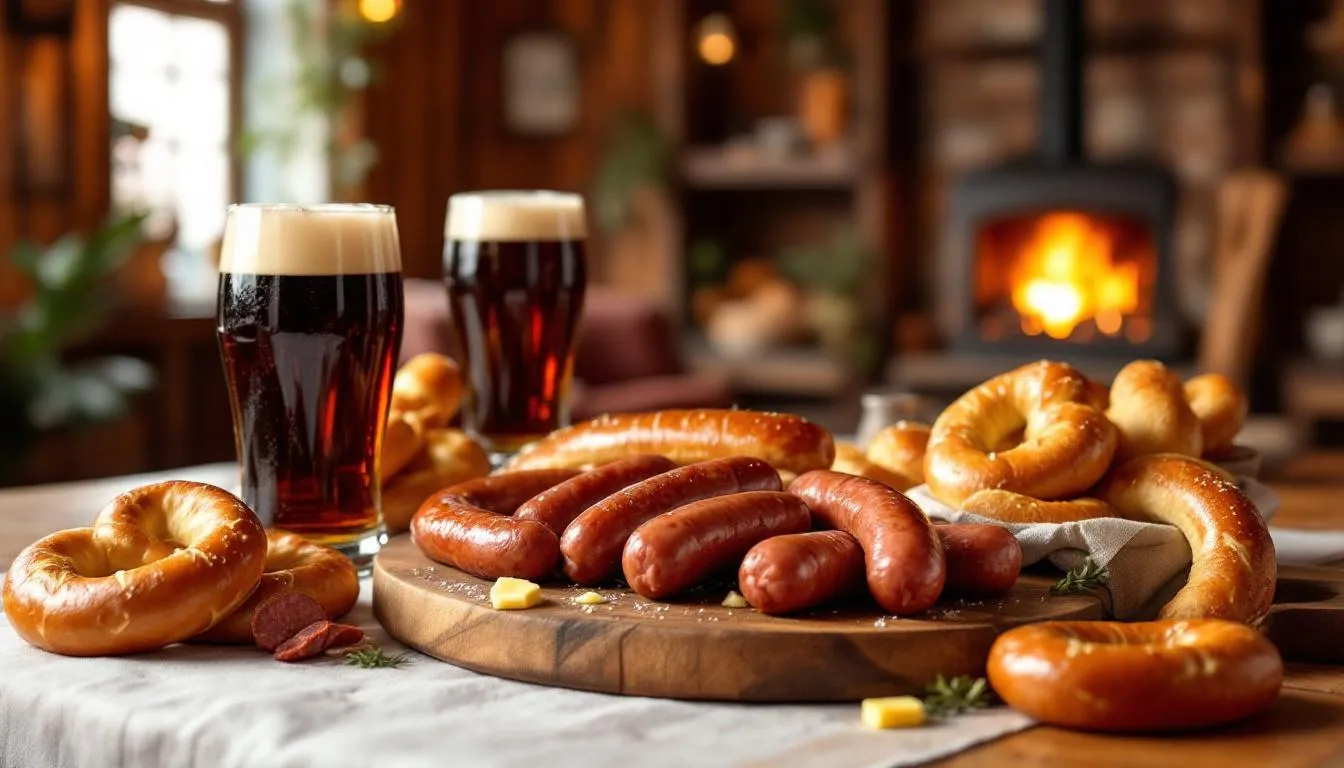 The image features a traditional Bavarian meal spread, showcasing an array of sausages, soft pretzels, and a glass of dark lager, specifically a dunkel beer. The rich, dark brown beer, brewed with Munich malts, complements the hearty flavors of the food, creating a delightful pairing that highlights the caramel sweetness and roasted malt notes typical of this German beer style.