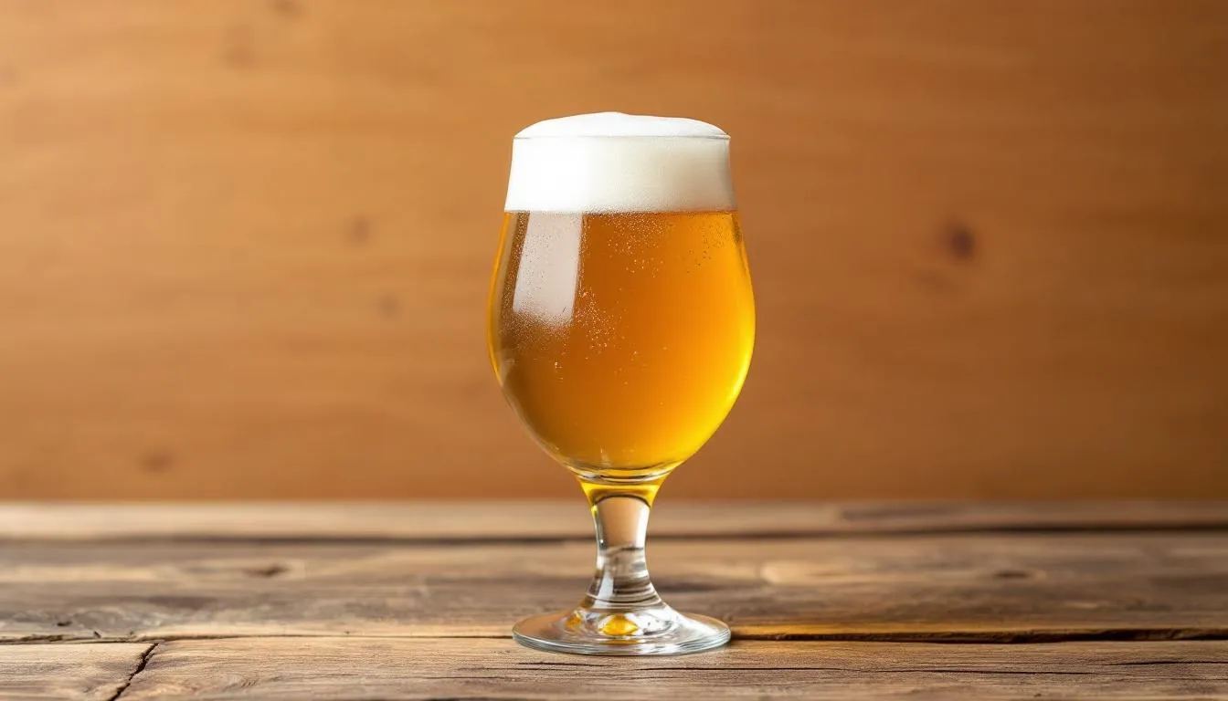 A golden saison beer is elegantly displayed in a tulip glass, topped with a frothy white foam head, against a rustic wooden background. This refreshing farmhouse ale showcases a fruity and spicy yeast character, typical of the saison style, with a dry finish and moderate strength, embodying the essence of Belgian tradition.
