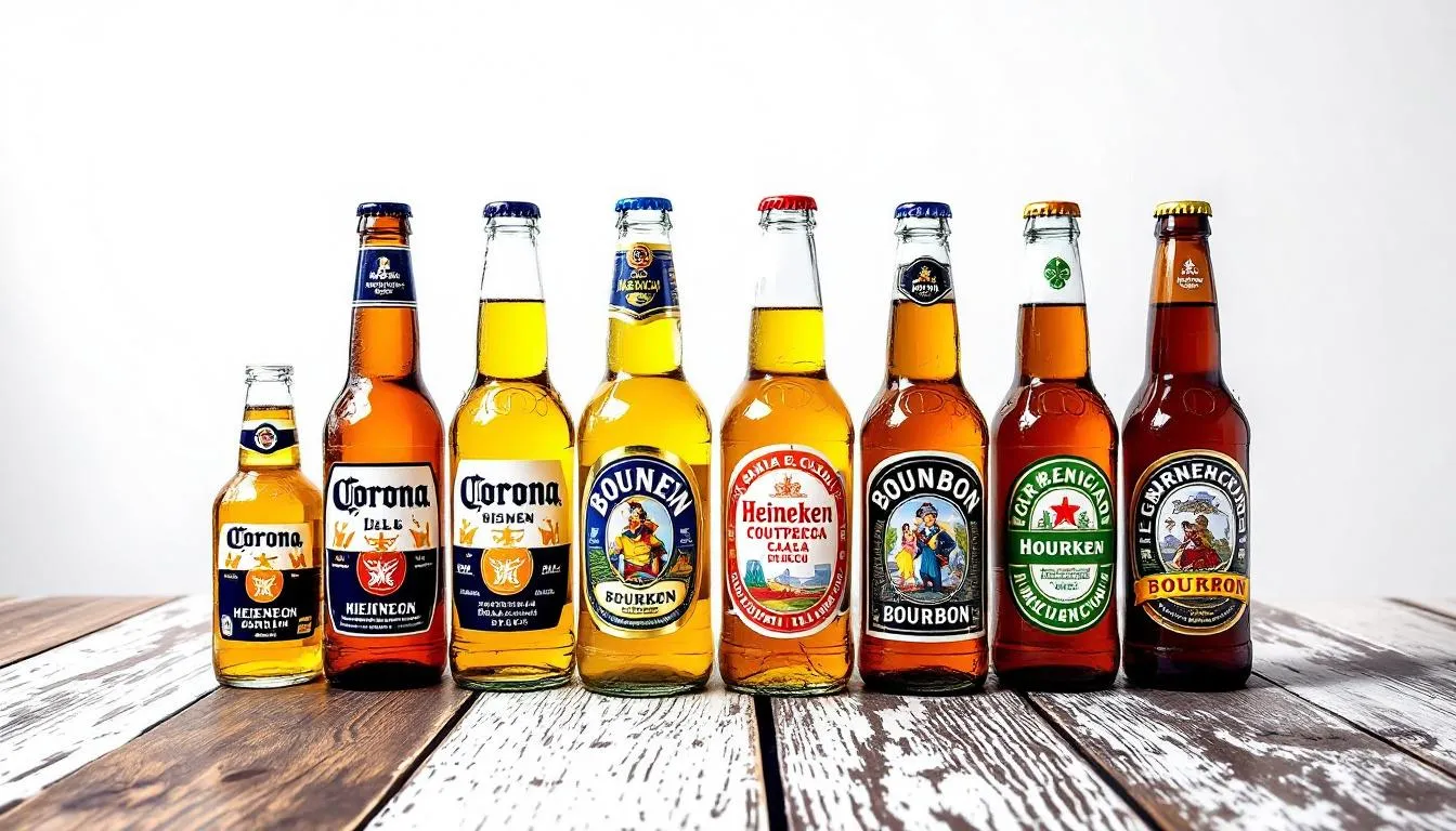 The image features a lineup of various Mexican beer bottles, showcasing distinct brands like Modelo, Dos Equis, and Corona, each with unique label designs. This collection highlights the diversity of Mexican lagers, offering a glimpse into the vibrant beer culture from Mexico, perfect for a taste test on a hot day.