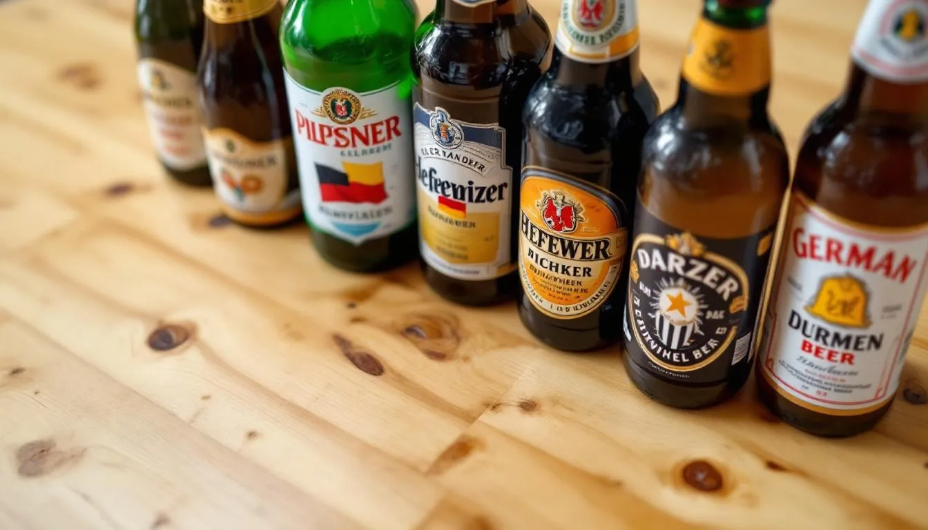 The image features a close-up view of various German beer bottles and cans, including styles like wheat beer and lager, all beautifully arranged on a rustic wooden table. The display showcases the diversity of German beers, highlighting their unique flavors and brewing traditions.
