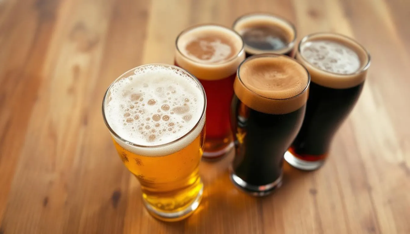 A clear glass of golden pilsner beer sits prominently next to various darker colored lagers, showcasing the contrast between the light, crisp pilsner and the rich, malty tones of the dark lagers. This arrangement highlights the differences in flavor profiles and brewing styles, including the refreshing qualities of pilsner and the deeper notes found in amber and dark lagers.