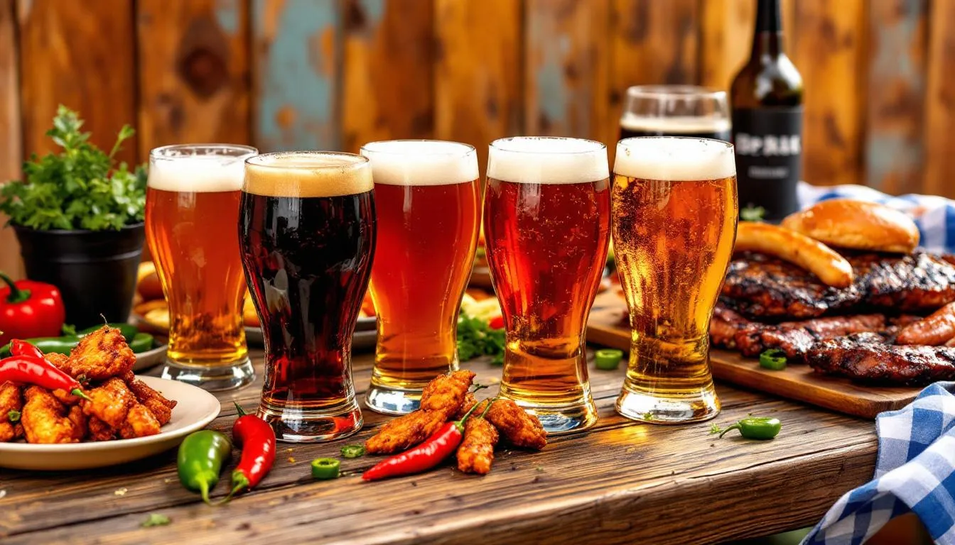 The image features glasses of India pale ale (IPA) beer alongside a variety of foods, including spicy dishes and grilled meats, highlighting the beer's hoppy and bold flavor profile. This vibrant pairing showcases the perfect balance between the craft beer's bitterness and the rich flavors of the food.