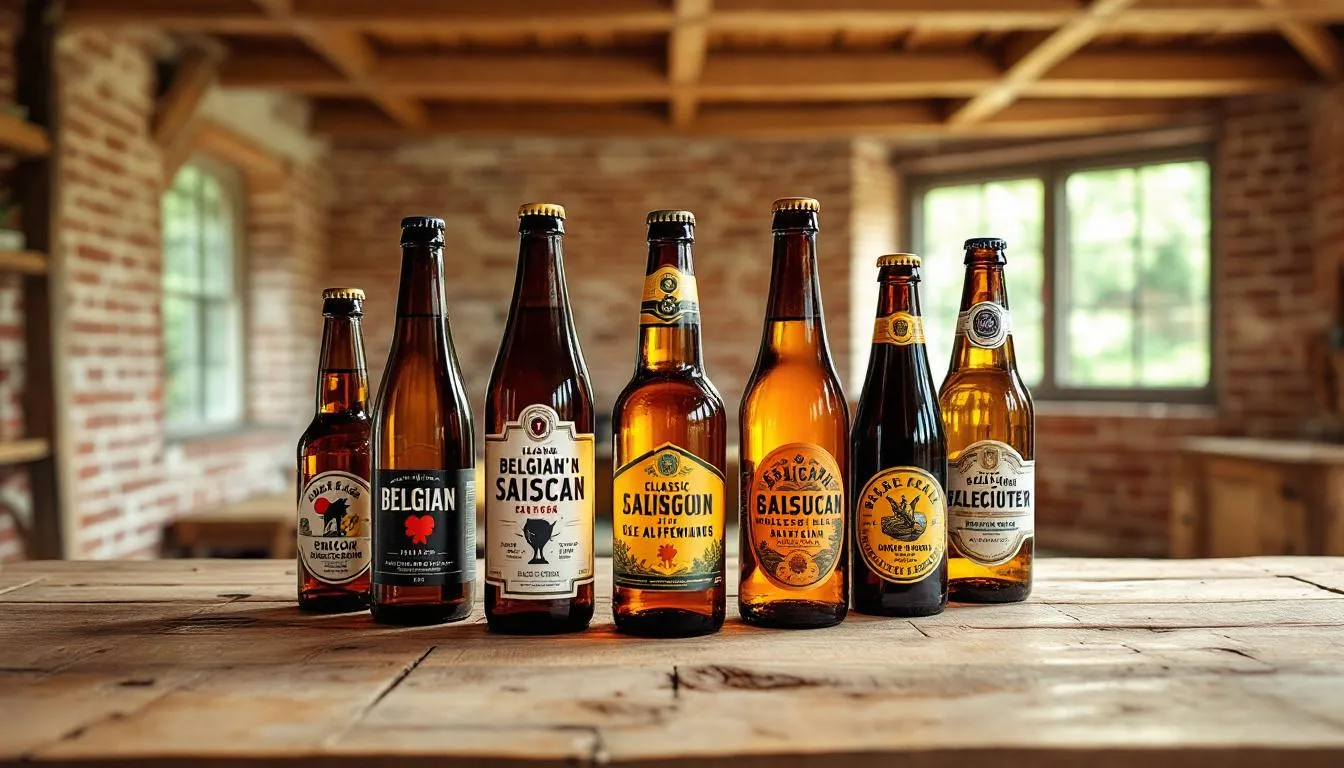 A collection of classic Belgian saison bottles is beautifully arranged on a rustic wooden table, set against a charming farmhouse backdrop. The bottles represent the rich tradition of farmhouse ales, showcasing the expressive yeast character and refreshing flavors typical of saison style beers.