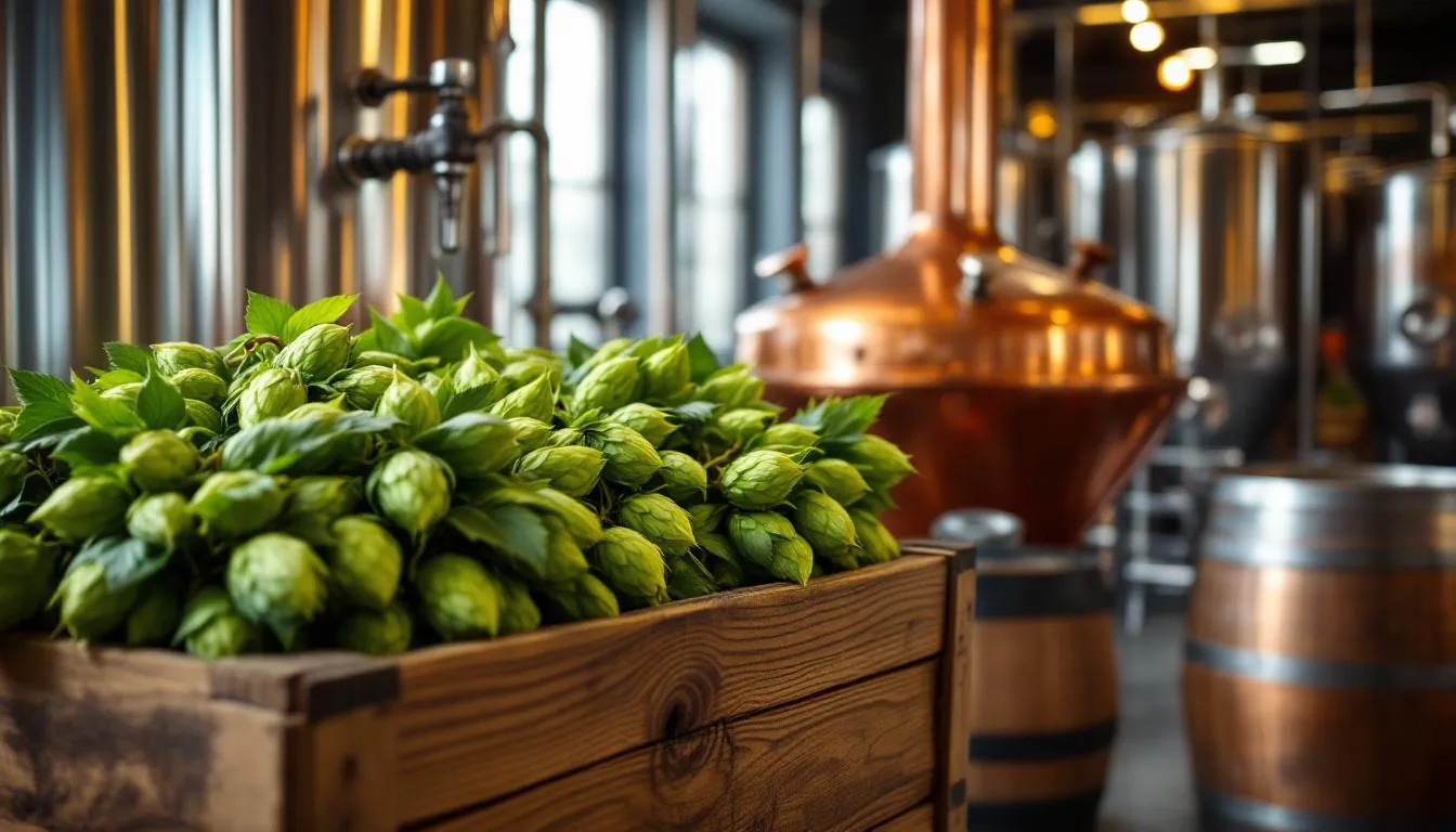 The image features fresh hops alongside various brewing equipment in a craft brewery, highlighting the artistry of craft brewers as they prepare to create hop-forward beers like India pale ales. The vibrant green hops suggest a focus on flavor and quality, essential for brewing aromatic and flavorful IPAs.