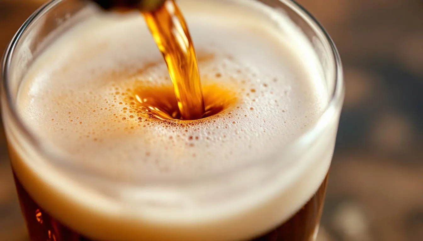 A close-up image captures bock beer being poured into a traditional German beer glass, showcasing its rich amber color and creamy head. The visual highlights the beer's malty sweetness and hints of fruitiness, characteristic of various bock beer styles.
