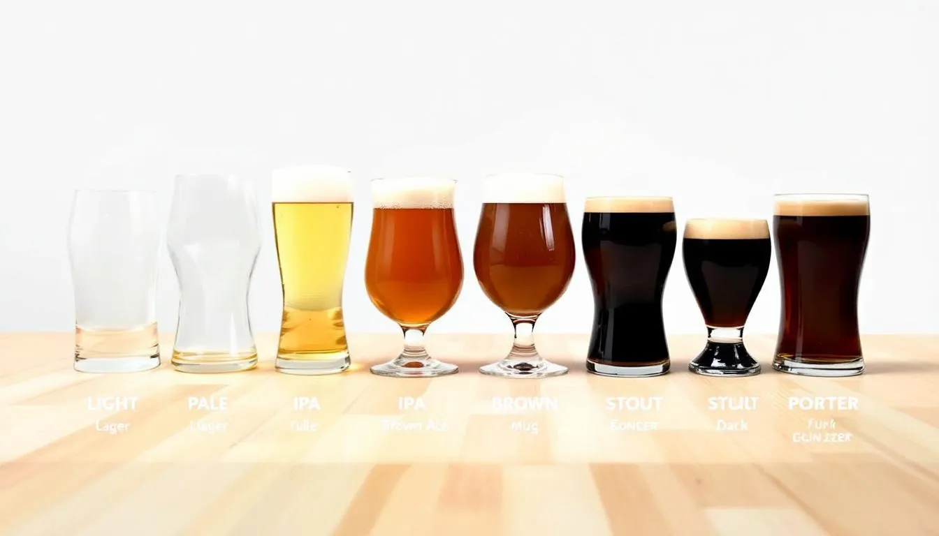 The image features a lineup of various beer styles displayed in glasses, ranging from a light lager to a dark porter, with a prominently featured India pale ale (IPA) among them. Each glass showcases the unique color and characteristics of the beers, highlighting the diversity of popular beer styles.