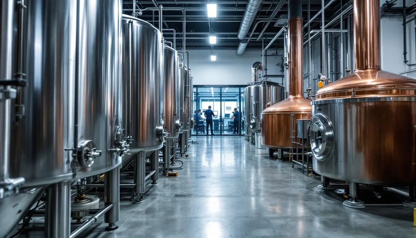 The image features modern brewery fermentation tanks made of stainless steel, showcasing a clean and industrial environment where craft beers, such as India Pale Ales and West Coast IPAs, are brewed. The tanks are essential for the fermentation process, allowing brewers to create hoppy and flavorful ales with various hop varieties.