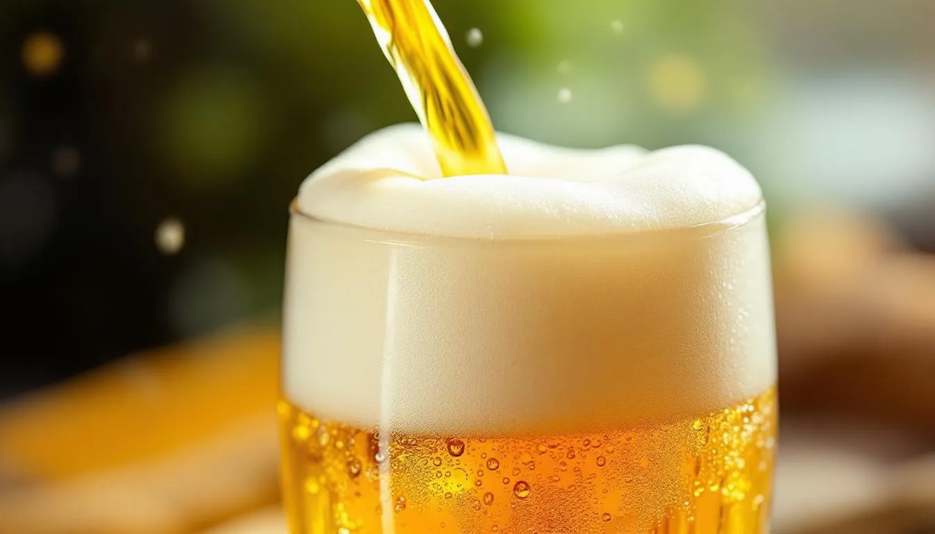 A close-up image shows a golden Mexican lager being poured into a glass, creating a frothy foam head. The beer's crisp appearance and inviting aroma suggest a refreshing drink perfect for a hot day.
