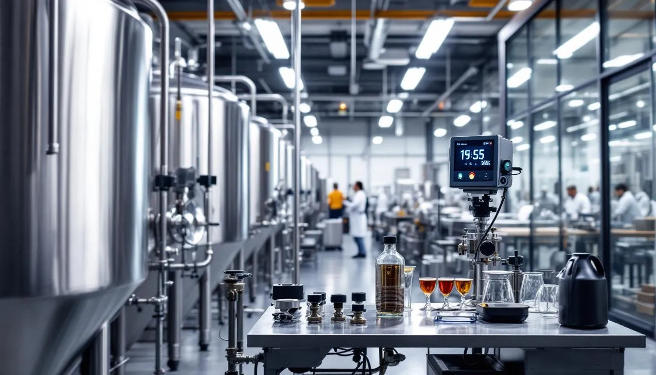 The image features modern brewing equipment in a dedicated gluten-free brewery, showcasing large stainless steel tanks and a quality control station, emphasizing the brewing process for gluten free beers. This setup highlights the commitment to producing naturally gluten free beer for those with gluten intolerance or coeliac disease.