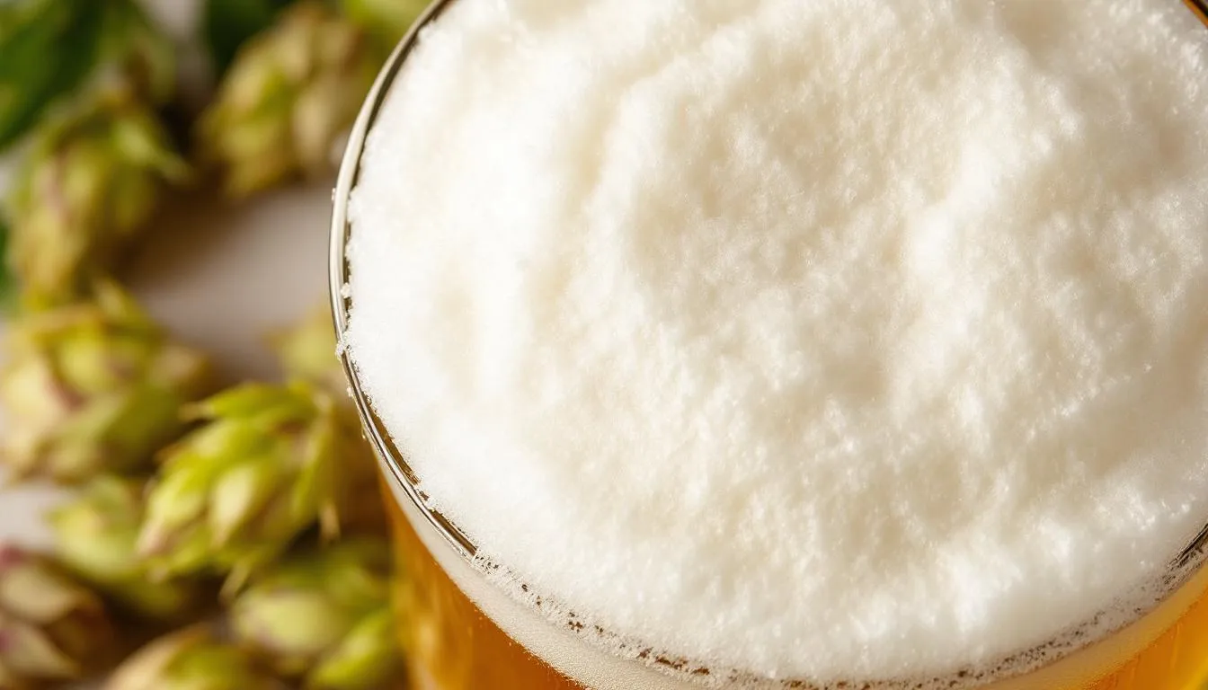 A close-up view of a golden India Pale Ale (IPA) beer in a tulip glass, topped with a thick white foam head, surrounded by scattered hop cones, showcasing the beer's hoppy aroma and vibrant color. This image highlights the craft beer's appealing presentation and emphasizes its strong hop-forward flavor profile.