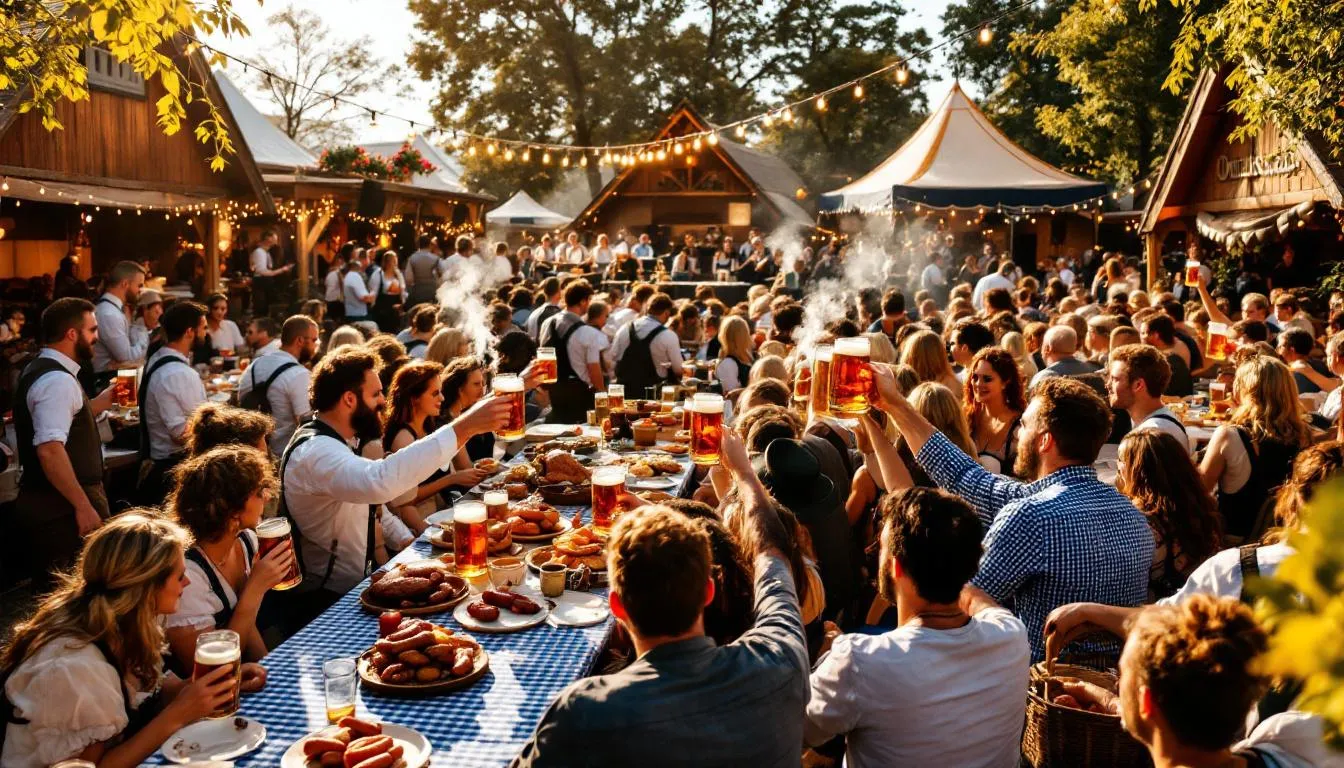 The image depicts a lively Oktoberfest celebration in Germany, featuring people dressed in traditional Bavarian clothing, joyfully holding large glass steins filled with refreshing German beer. The festive atmosphere is enhanced by the sounds of laughter and music, as friends gather around tables to enjoy the rich flavors of wheat beers and other German beer styles.