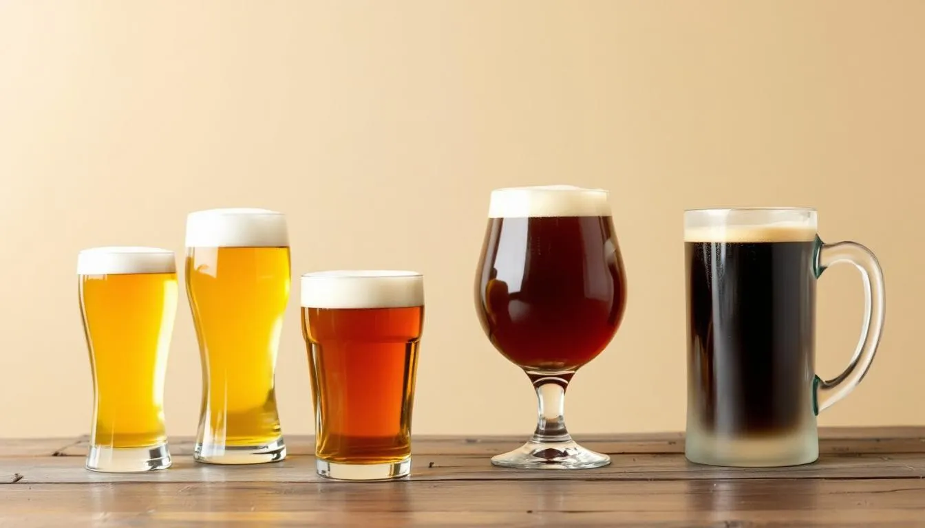 The image features a variety of beer glasses filled with different colored beers, ranging from light golden hues to deep dark brown shades. This colorful display showcases the diversity of beers, including pale lagers and rich stouts, highlighting the brewing process and the use of ingredients like malted barley and hops.