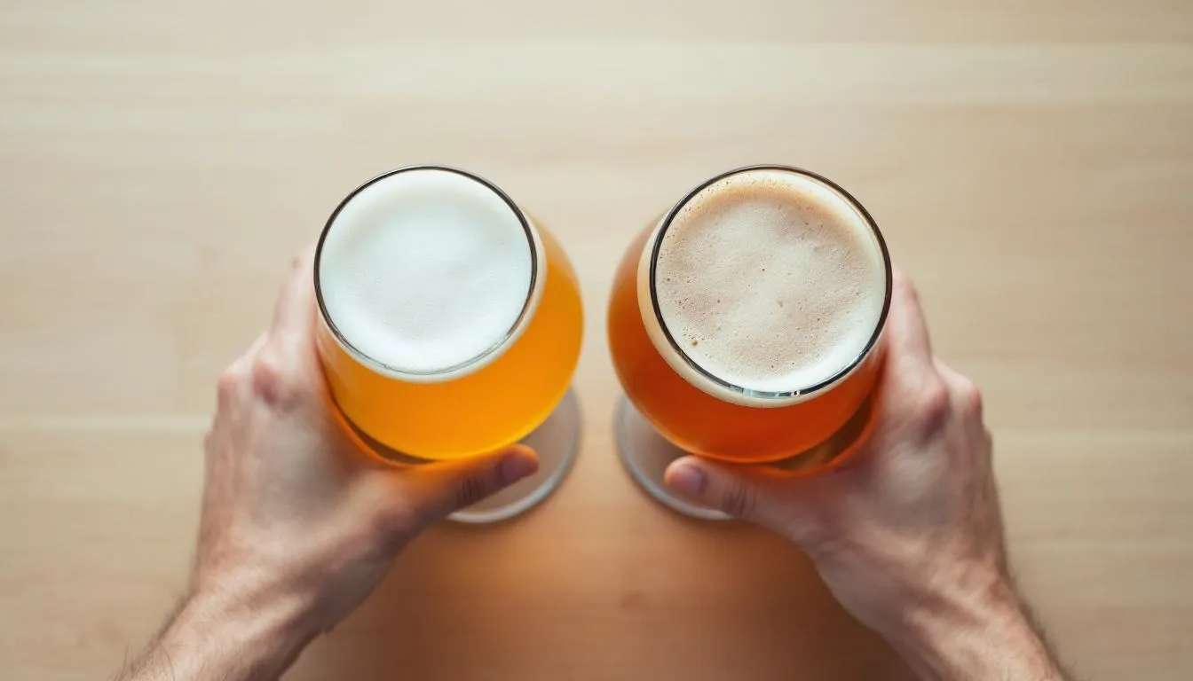 A person is holding two beer glasses, one filled with a golden pilsner that showcases a straw yellow color and the other with an amber lager, which has a darker hue. They are comparing the colors of these two styles of lager, highlighting the visual differences between the crisp, refreshing pilsner and the slightly sweeter, malty amber lager.