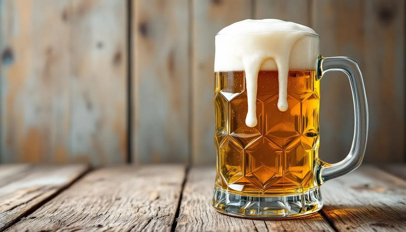 A traditional amber Märzen beer is presented in a glass mug, topped with a frothy white foam head, set against a rustic wooden background. This full-bodied lager, known for its bready malt flavor and restrained bitterness, embodies the classic style often enjoyed during Oktoberfest celebrations in southern Germany.