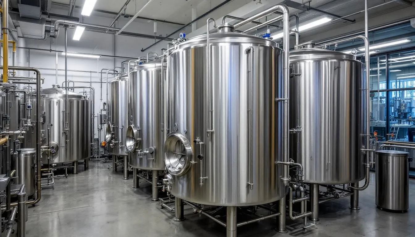 The image depicts a large stainless steel brewing tank equipped with various gauges and pipes, showcasing the brewing process in a modern brewery. This setup is essential for producing a variety of beers, including pale ales and lambic beers, highlighting the intricate technology involved in beer production.
