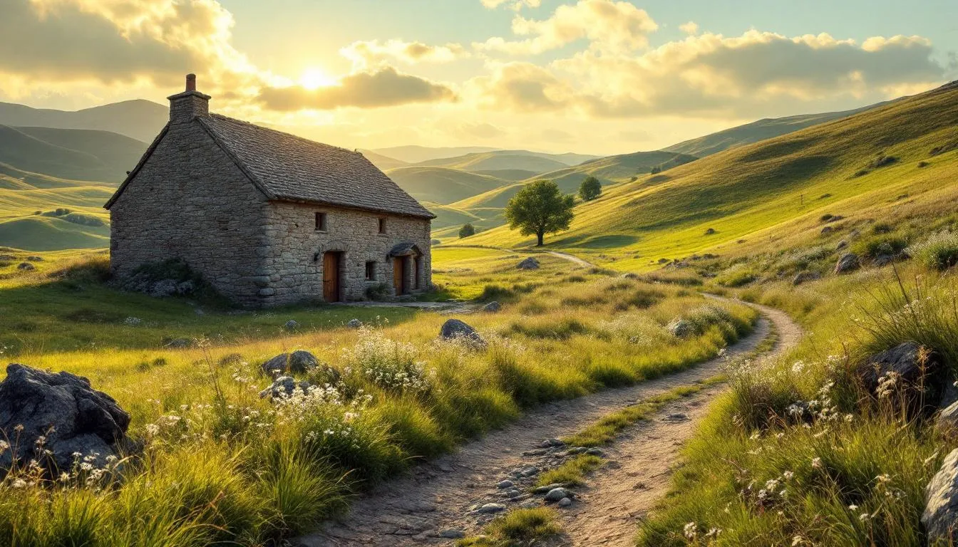 The image depicts a rolling countryside landscape featuring a traditional stone brewery building, surrounded by lush greenery and scenic hills. This picturesque setting embodies outstanding natural beauty, inviting visitors to explore the brewing process and taste award-winning craft beers.