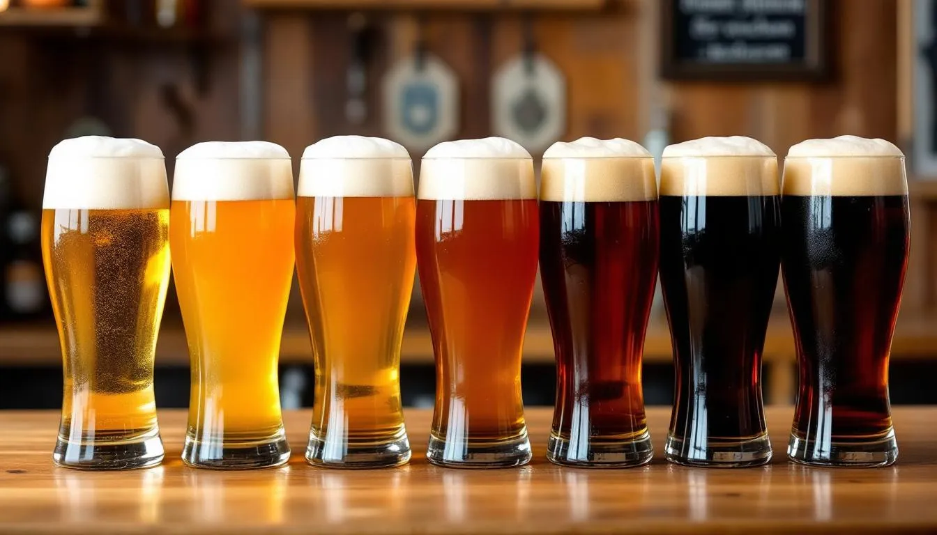 An array of bock beers in traditional German glasses showcases a spectrum of colors, ranging from light golden to dark brown, highlighting the diverse bock beer styles. Each glass reflects the rich malt sweetness and varying hop bitterness typical of these beers, inviting a sensory exploration of their unique flavors and aromas.