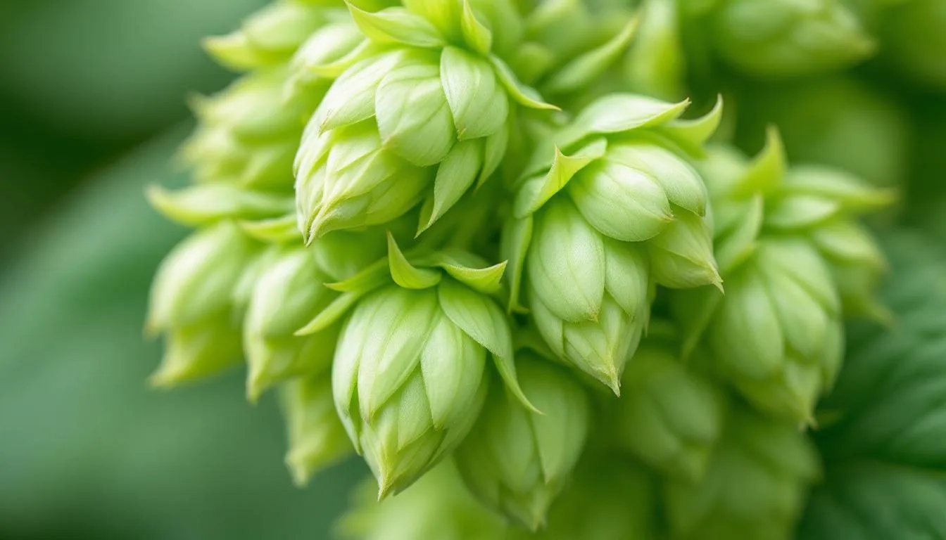 A close-up photo of Saaz hops reveals their distinctive cone shape and pale green color, showcasing the essential ingredient used in crafting flavorful pilsner beers, particularly in the brewing process of Czech pilsners and other light lagers. The image highlights the hoppy character that contributes to the refreshing and slightly spicy flavor profile of these popular beers.