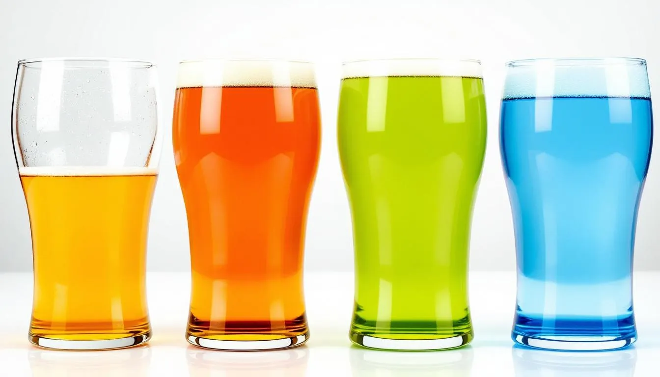 The image features a side-by-side comparison of various colored beer glasses filled with different amber lager varieties, showcasing the rich hues typical of märzen style beer. Each glass highlights the bready malt flavor and full body associated with traditional German lagers, perfect for autumn drinking.
