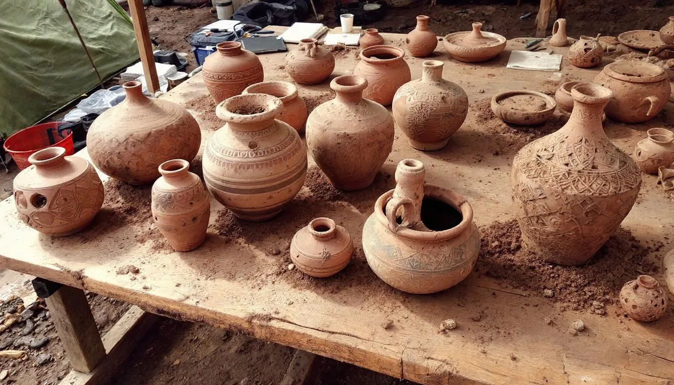 The image depicts a collection of ancient clay vessels and pottery jars arranged in an archaeological setting, showcasing the historical artifacts that could have been used in early brewing processes for beers like lambic or pale ale. These containers, likely made from malting barley and other grains, reflect the origins of beer production in various cultures.