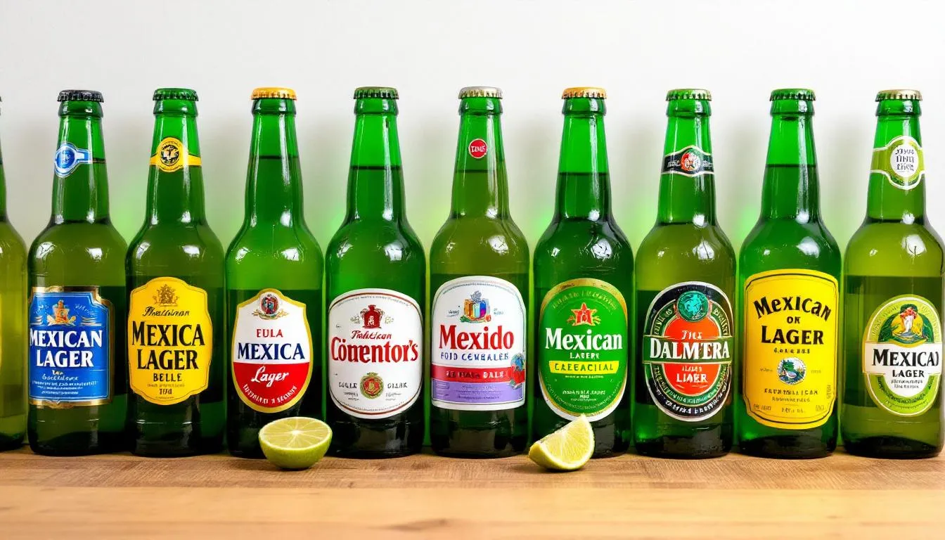 The image features an arrangement of various Mexican lager bottles, including popular brands like Corona and Modelo, placed on a rustic wooden table alongside fresh lime wedges. This vibrant display captures the essence of Mexican beers, perfect for a refreshing sip on a hot day.