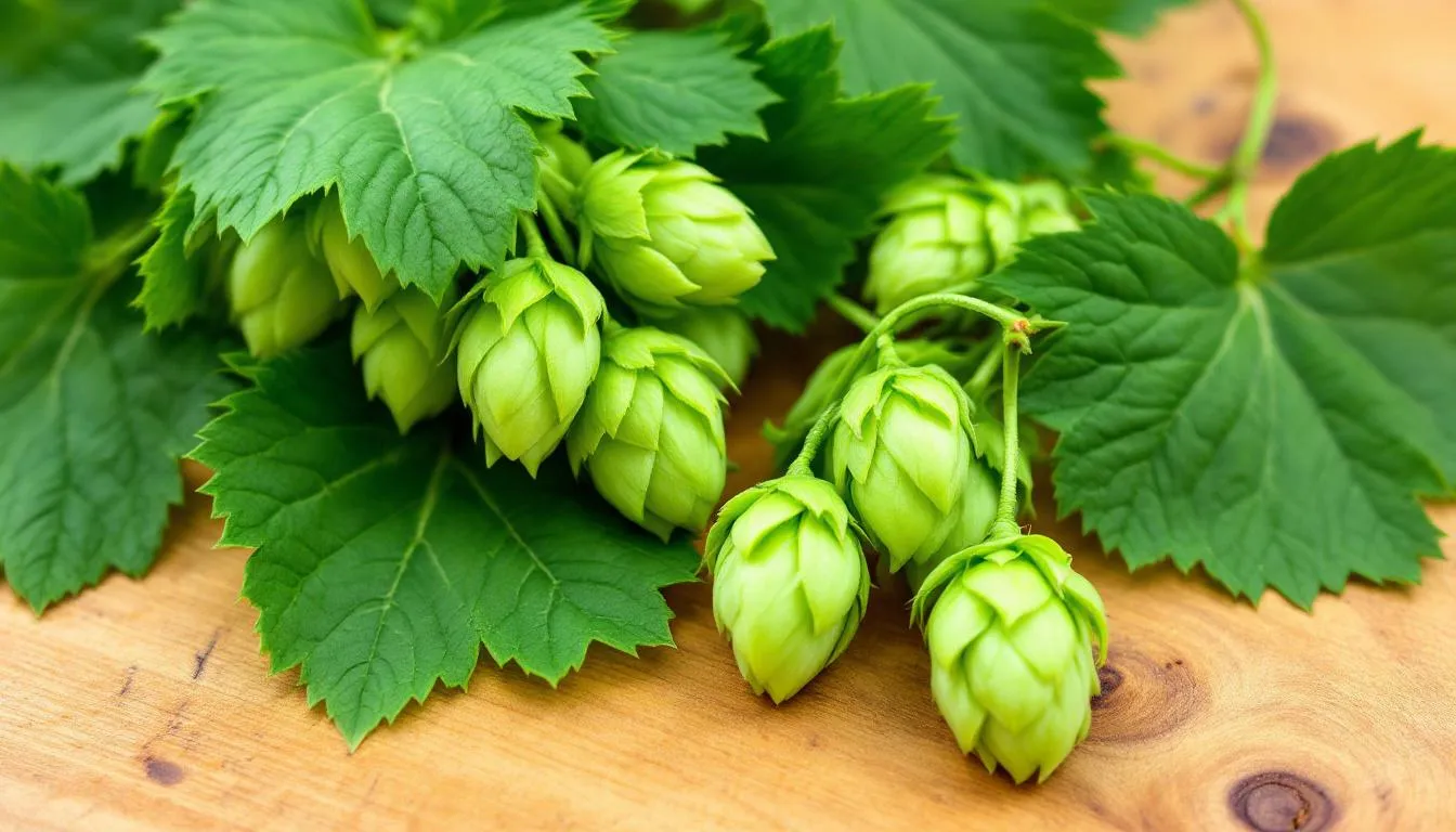 The image features a close-up view of fresh hop cones surrounded by vibrant green leaves, resting on a rustic wooden surface. These hops are essential for brewing various styles of craft beer, including India pale ales and West Coast IPAs, contributing to their hoppy character and aromatic qualities.