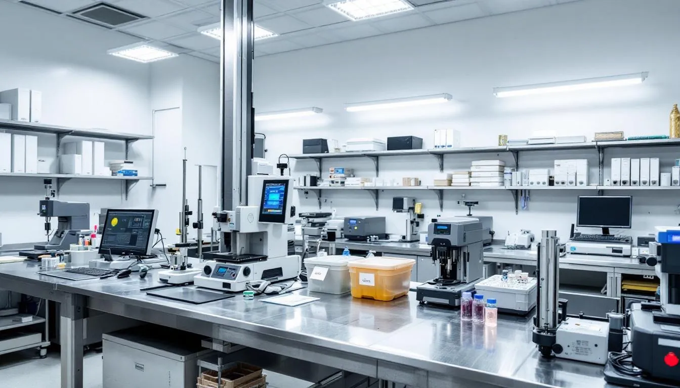 A professional quality control laboratory is depicted, featuring various measurement instruments such as refractometers and gravity calculators, which are used for taking readings of sugar content and brix levels in liquids. The setup emphasizes precision in measuring and converting data for applications like alcohol by volume (ABV) and starting water calculations.