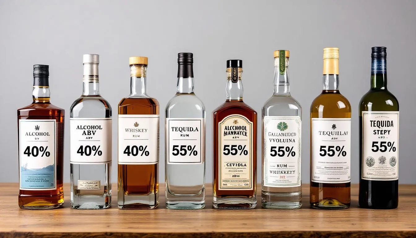 In the image, various alcoholic beverages are displayed in a row, each with a label indicating its alcohol by volume (ABV) percentage. The assortment includes bottles of beer and wine, showcasing the diversity of drinks and their respective alcohol content.