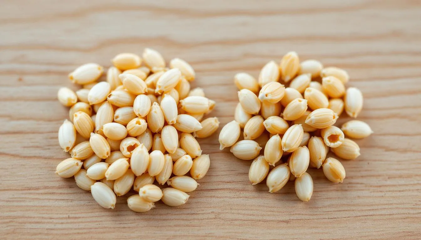 The image shows wheat grains and malted barley side by side, highlighting their distinct grain structures. This comparison is essential in understanding the brewing process for various beer styles, including wheat beers and their flavors.