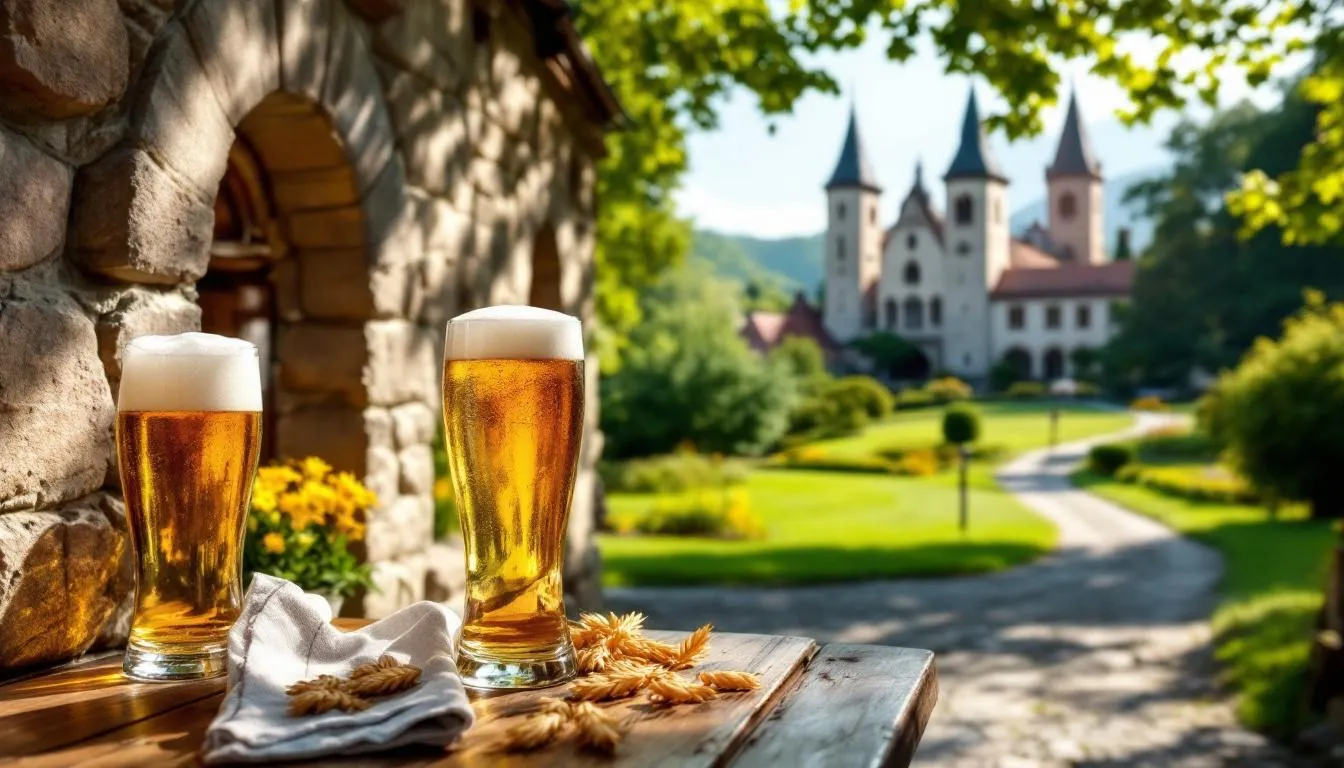 The image depicts a traditional German bock beer served in a classic glass, showcasing its dark brown color and rich malt profile, with a picturesque monastery in the background. This scene captures the essence of bock beer styles, highlighting its malt sweetness and alcohol warmth, set against a historical backdrop.