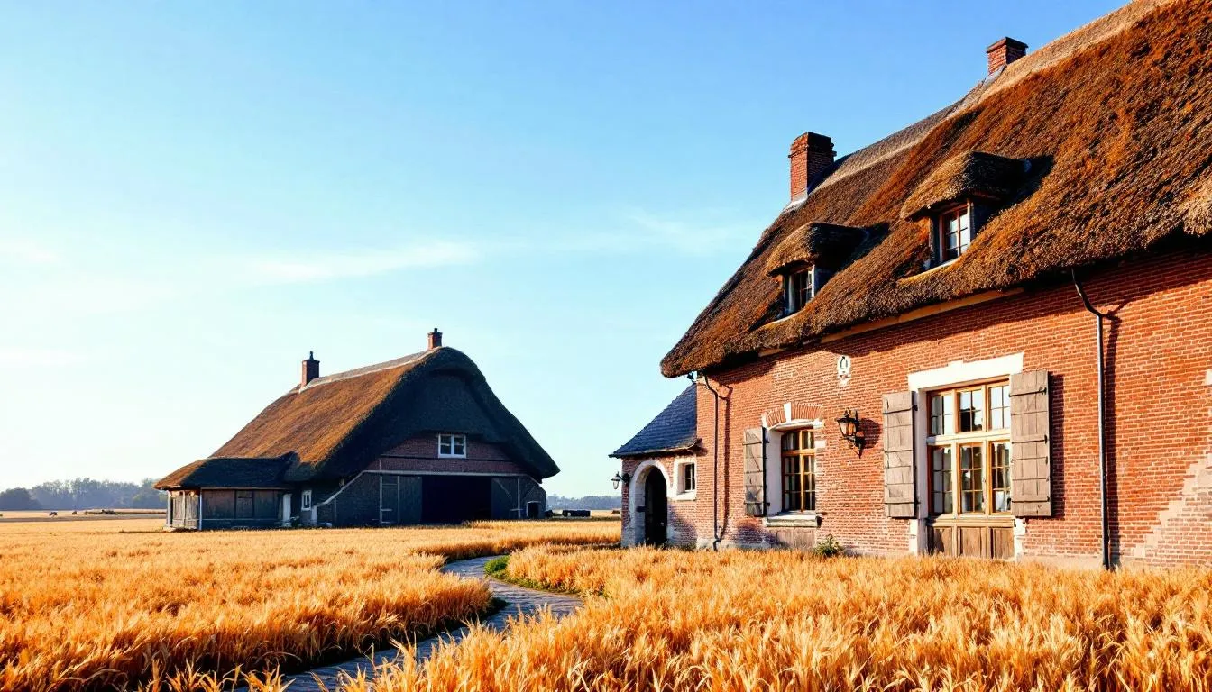 The image depicts a historic Belgian farmhouse, showcasing traditional architecture with its rustic quality, surrounded by expansive golden wheat fields. This serene landscape reflects the Belgian tradition of brewing farmhouse ales, often characterized by their expressive yeast character and refreshing flavors.