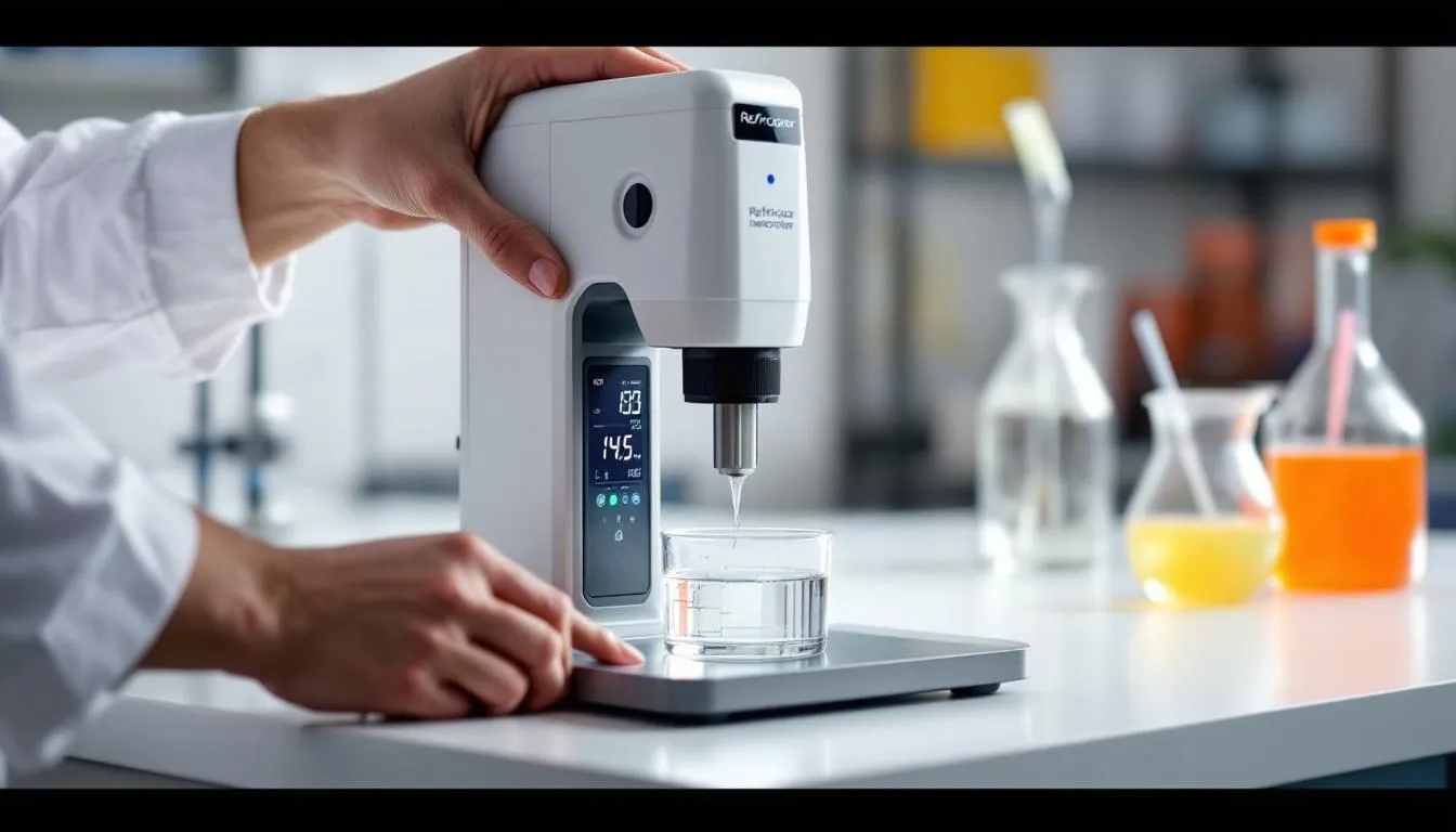 A digital refractometer is being held above a liquid sample, measuring the sugar content, often referred to as Brix, to provide accurate readings for conversion calculations. The device is commonly used in various industries to determine the gravity and sugar levels in liquids.