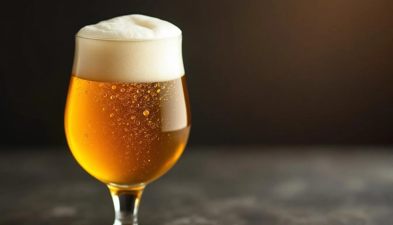 An elegant tulip glass showcases a pale golden saison beer, adorned with a frothy white foam head and visible carbonation bubbles. This refreshing brew, known for its fruity and spicy flavors, embodies the expressive yeast character typical of farmhouse ales.