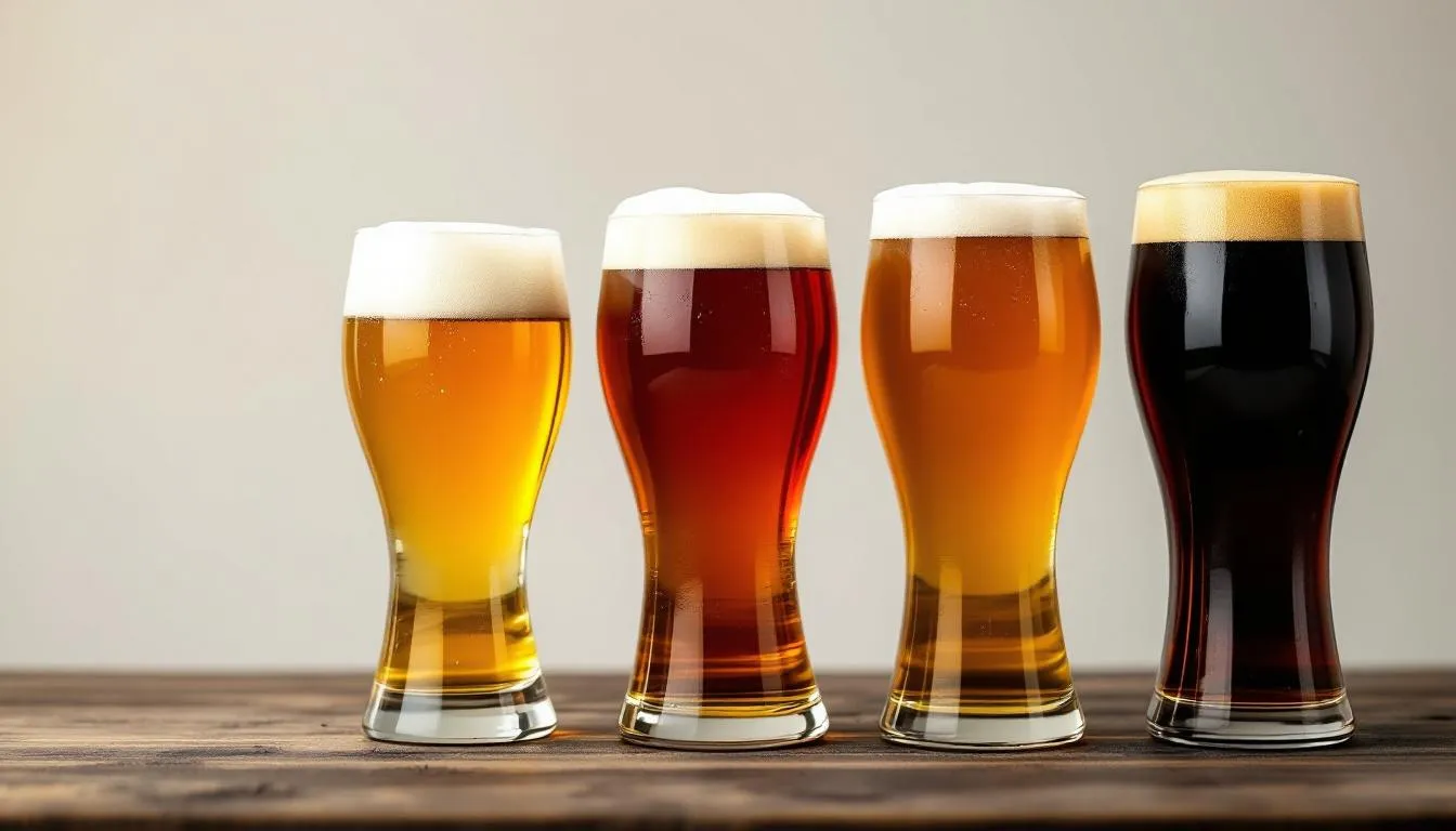The image showcases an array of beer glasses displaying a color progression from a pale lager to a dark lager, illustrating the differences between light and dark styles of beer. The transition includes shades of straw yellow, golden, and dark brown, highlighting the various flavor profiles and brewing techniques associated with pilsner and lager beers.