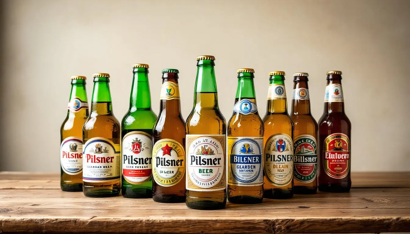A variety of pilsner beer bottles from different countries are elegantly arranged on a wooden table, showcasing the diverse styles of this popular pale lager. The collection highlights notable brands like Pilsner Urquell, reflecting the rich brewing traditions and flavor profiles associated with pilsners, including the use of pilsner malt and Saaz hops.