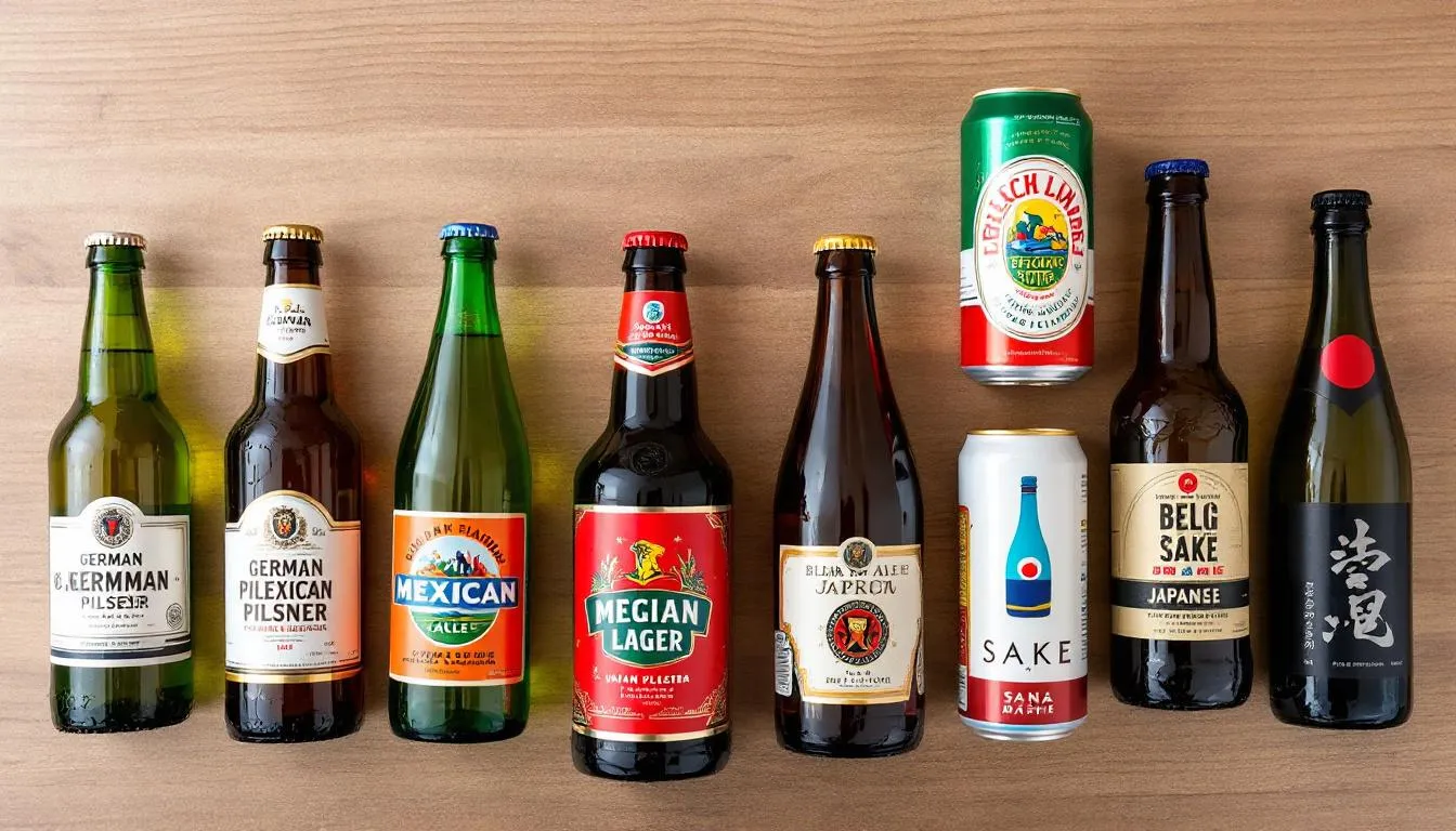 The image features a variety of international beer bottles and cans, each showcasing unique labels that represent their diverse origins. This colorful assortment includes styles such as pale lager, mild ale, and lambic beer, highlighting the rich history and brewing process behind these popular beverages.